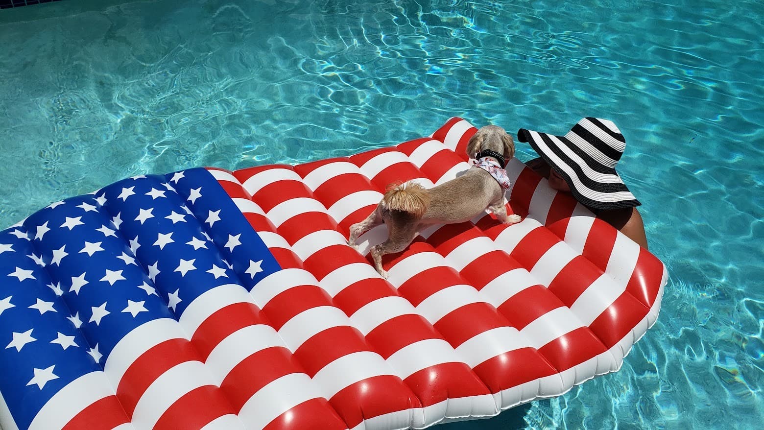 Paris walking across a large American flag pool float toward The Other Momma in a striped sun hat in the bright blue pool.