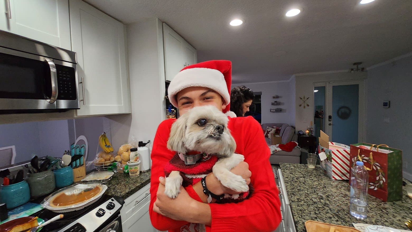 Momma's nephew in a Santa hat holding Paris in the kitchen at Christmas