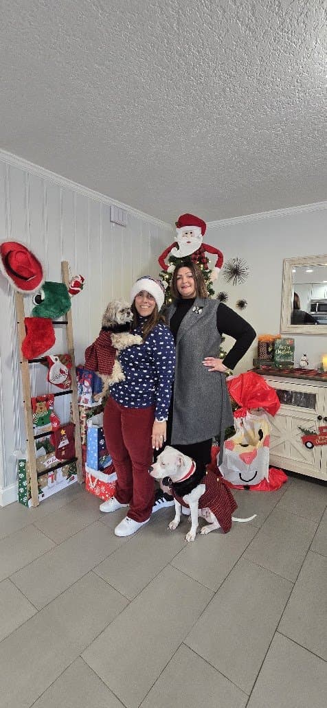 Momma and The Other Momma with Paris and Misty by the tree.