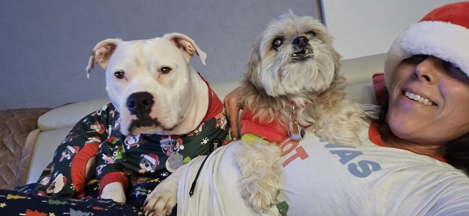 Momma with Paris and Misty in matching Christmas pajamas.