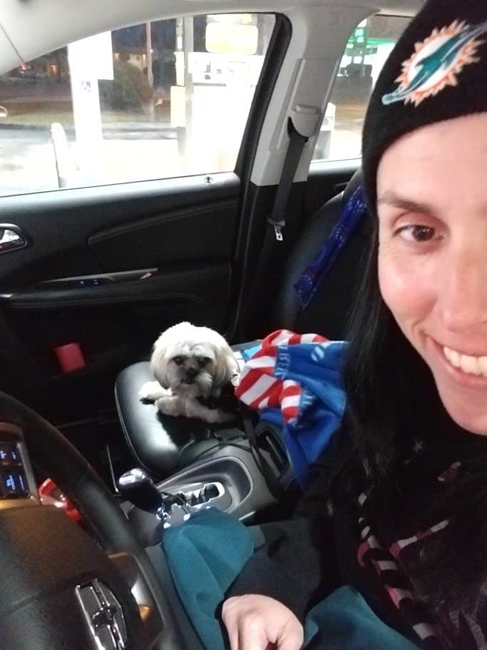 Momma and Paris at a gas stop during the drive up.